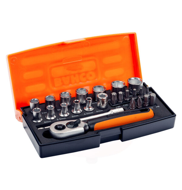 Bahco 1/4" Square Drive Socket Set with Screwdriver Bits/Bit Holder SL25